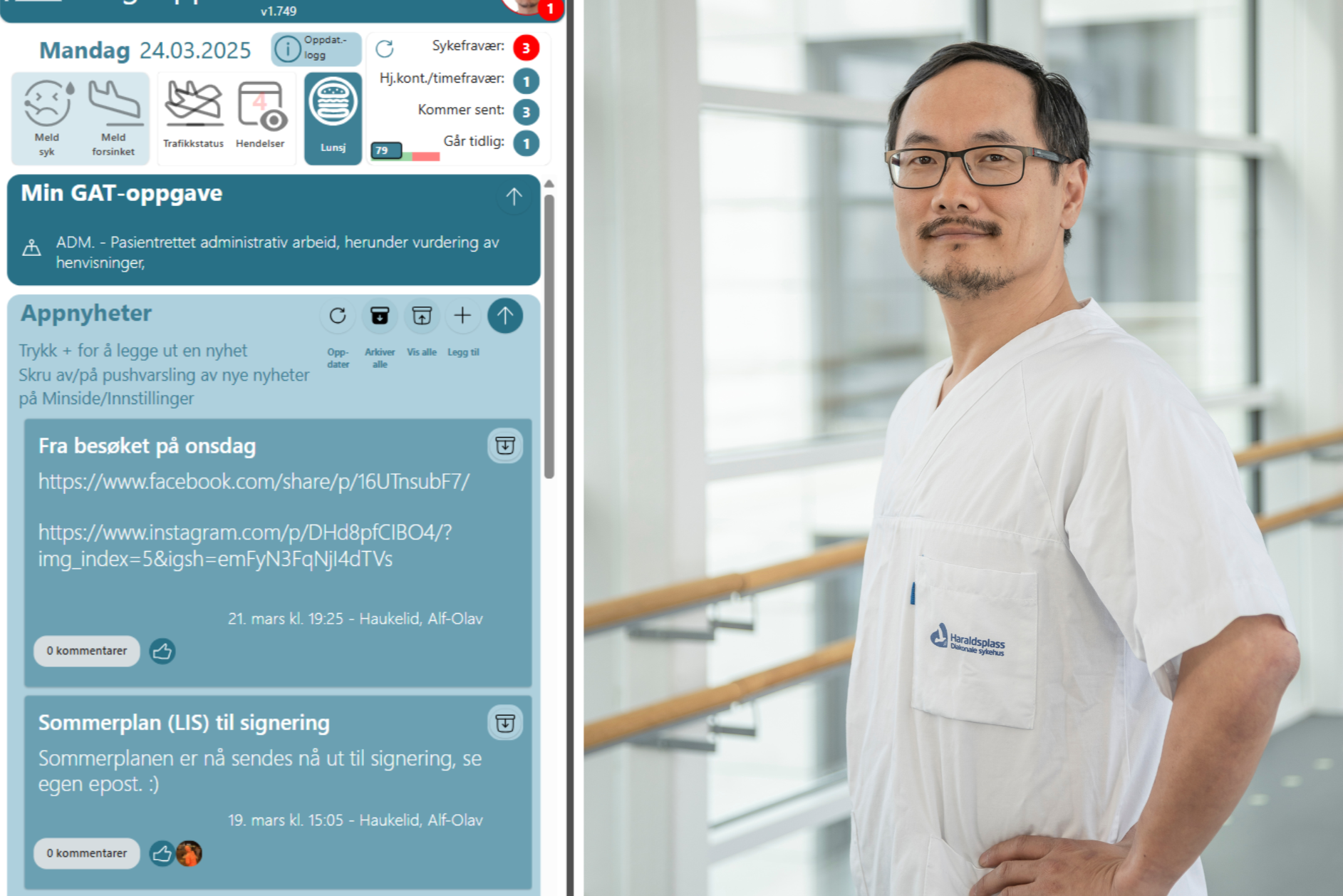 A man standing in front of a window with a sign