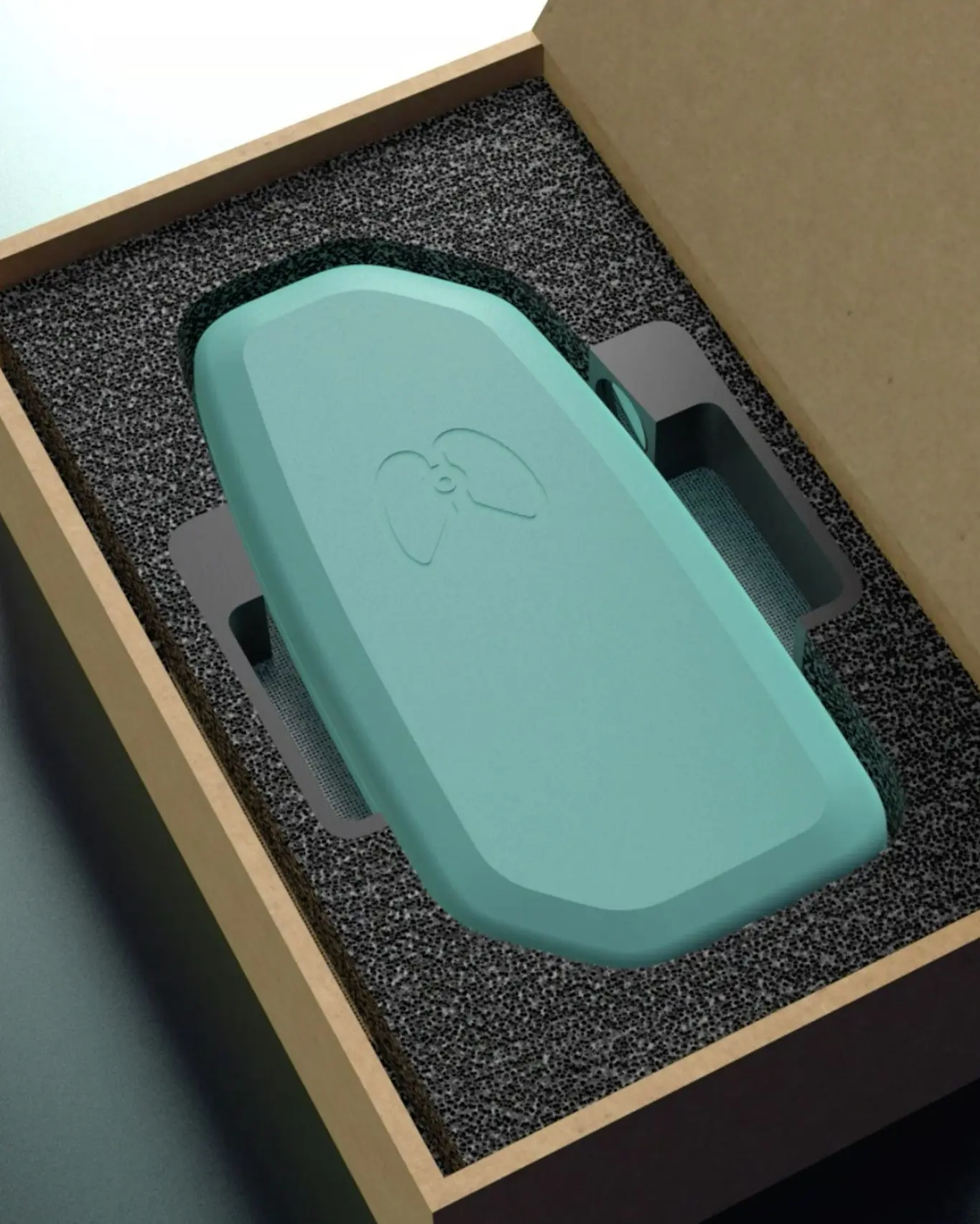 En blå plastboks med en tegning på